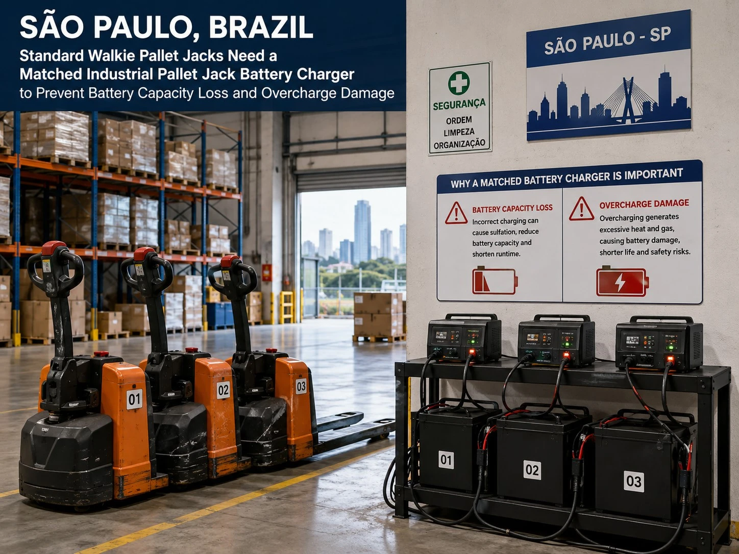 A warehouse in São Paulo showing standard walkie pallet jacks indicating the importance of a matched industrial pallet jack battery charger to prevent battery capacity loss and overcharge damage. A warehouse in São Paulo showing standard walkie pallet jacks indicating the importance of a matched industrial pallet jack battery charger to prevent battery capacity loss and overcharge damage.